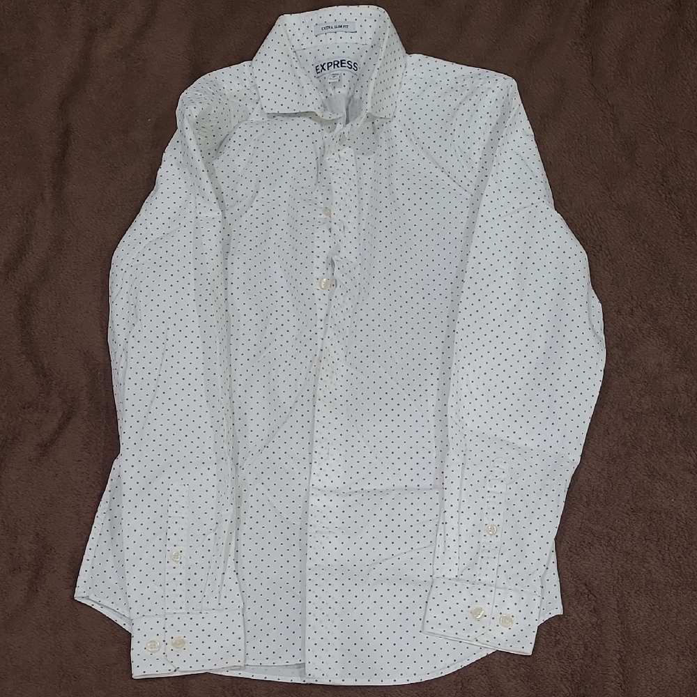 Express Extra Slim Fit White Polka Dot Men's Dress Shirt
